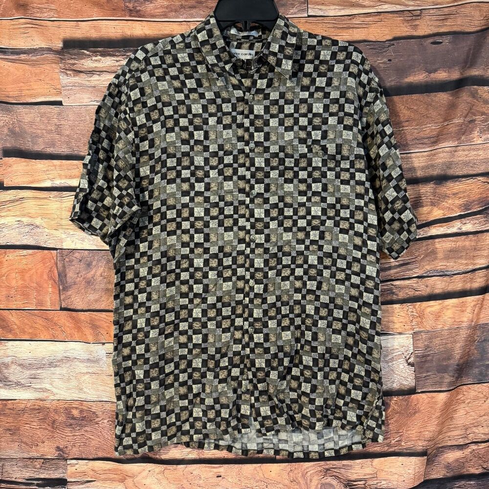 Pierre Cardin Casual Button-Down Shirt Men's M Black Gray Beige Rayon Short